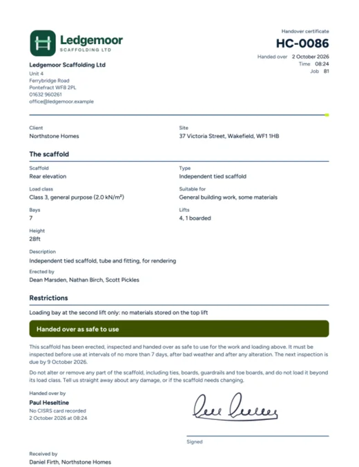 A handover certificate PDF with the scaffold details, restrictions and signature