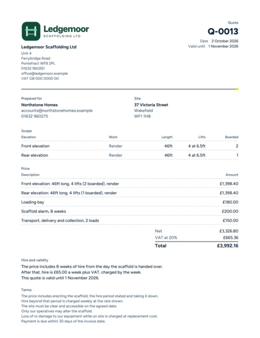 A branded quote PDF with elevations, price lines, VAT and hire terms
