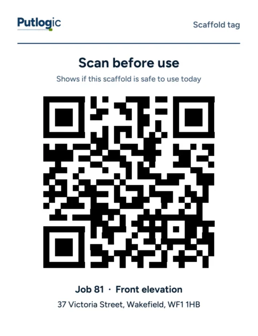 A scaffold tag sticker with its QR code, job number and site address