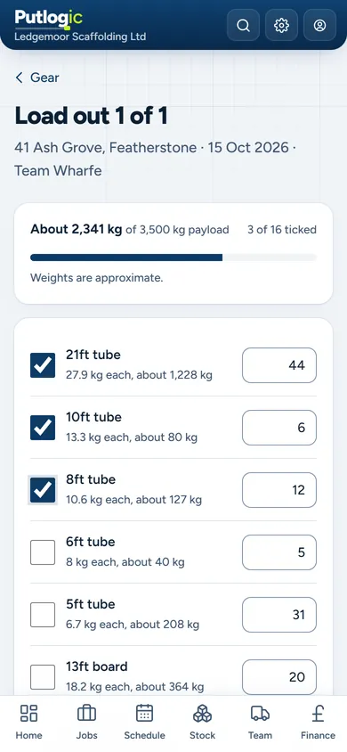 A wagon load sheet on the phone, items in feet with weight against payload