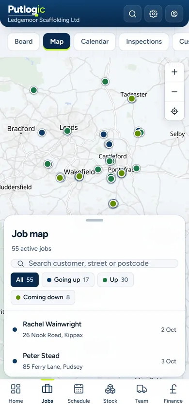 The job map on a phone, with the day's jobs as a list