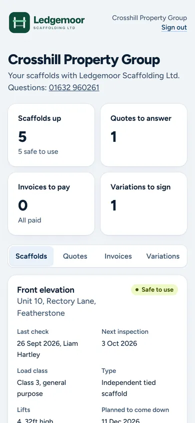 The client portal on a phone for a main contractor: scaffolds up, quotes to answer, invoices and variations