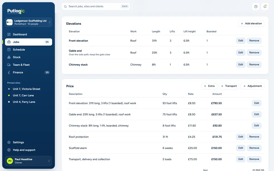The quote builder: three elevations priced by length, lifts and boarded lifts, plus extras and transport