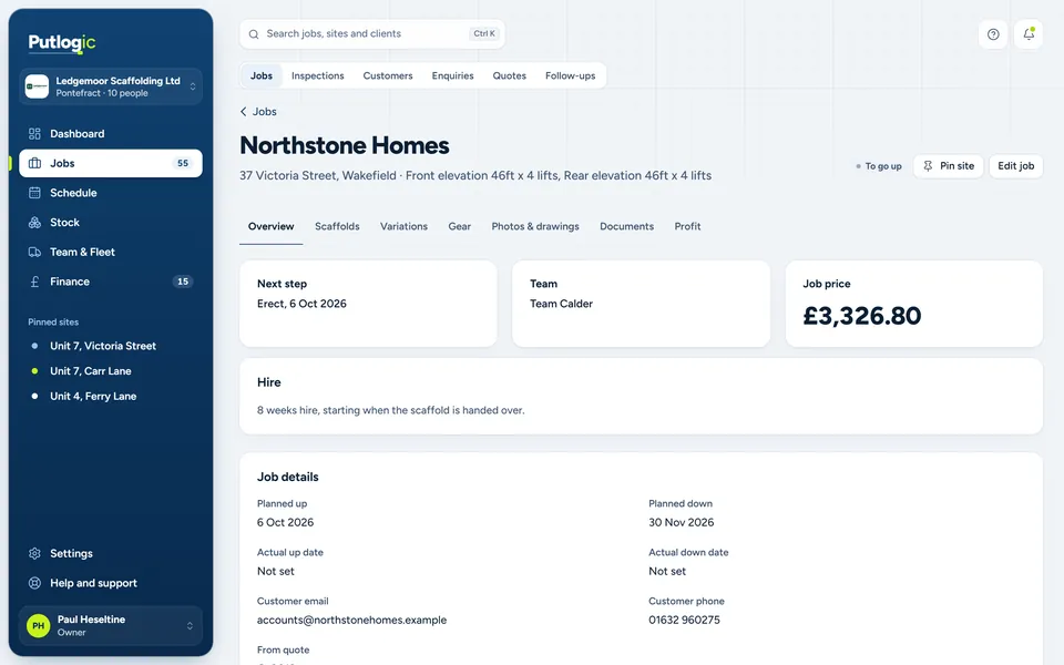 Booked in. The job arrives with the site, price, scope and hire, and Team Calder is on it.