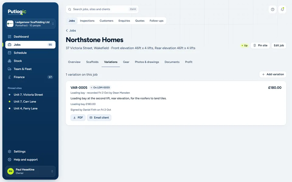 Adaptation signed. A loading bay priced from your list and signed by the site contact.