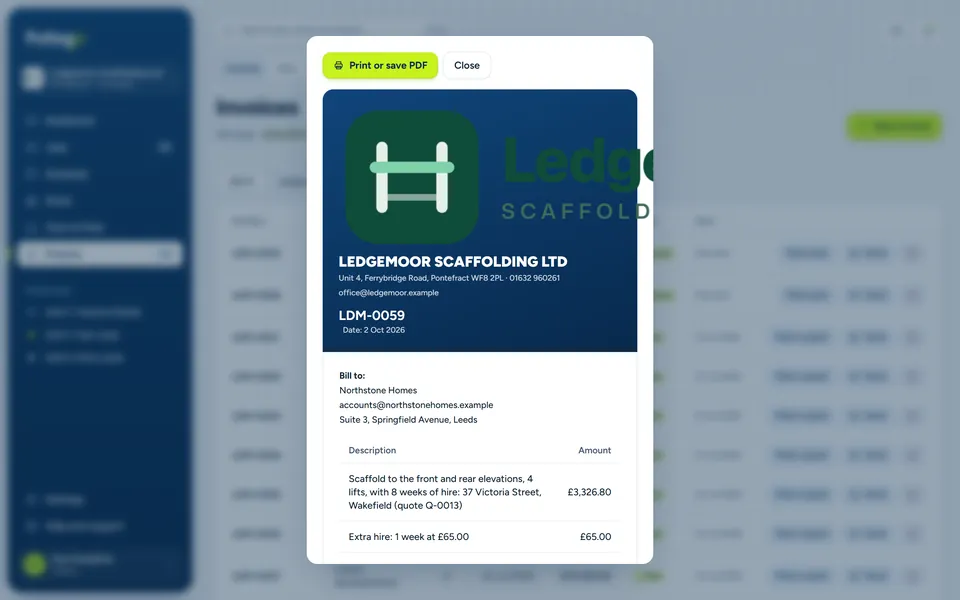 Invoice raised. The scaffold, the signed variation and a week of extra hire, with VAT, on one invoice.